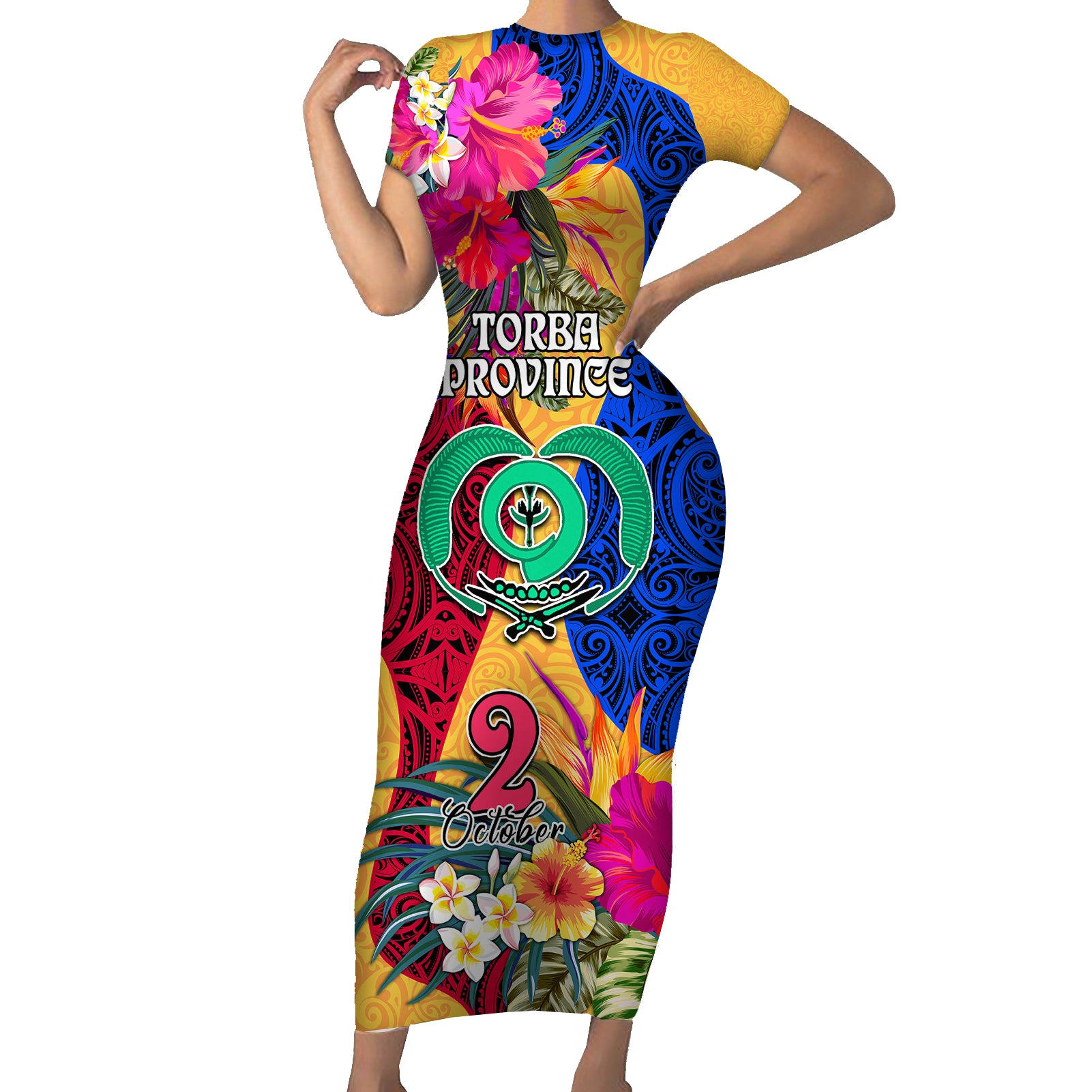 Torba Day Short Sleeve Bodycon Dress Proud To Be A Ni-Van Beauty Pacific Flower LT03 Long Dress Yellow - Polynesian Pride