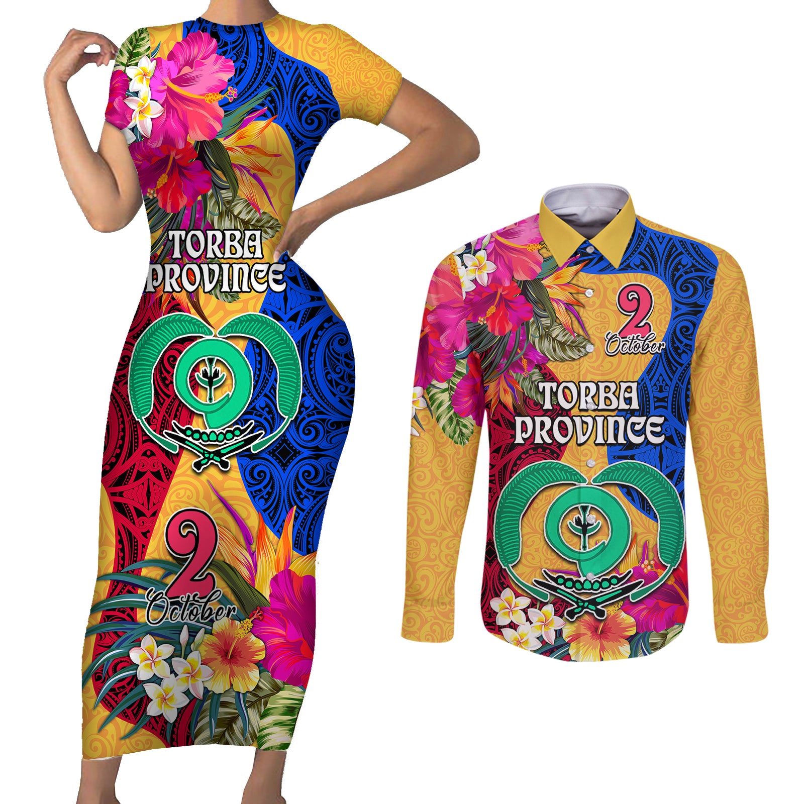 Personalised Torba Day Couples Matching Short Sleeve Bodycon Dress and Long Sleeve Button Shirts Proud To Be A Ni-Van Beauty Pacific Flower LT03 Yellow - Polynesian Pride