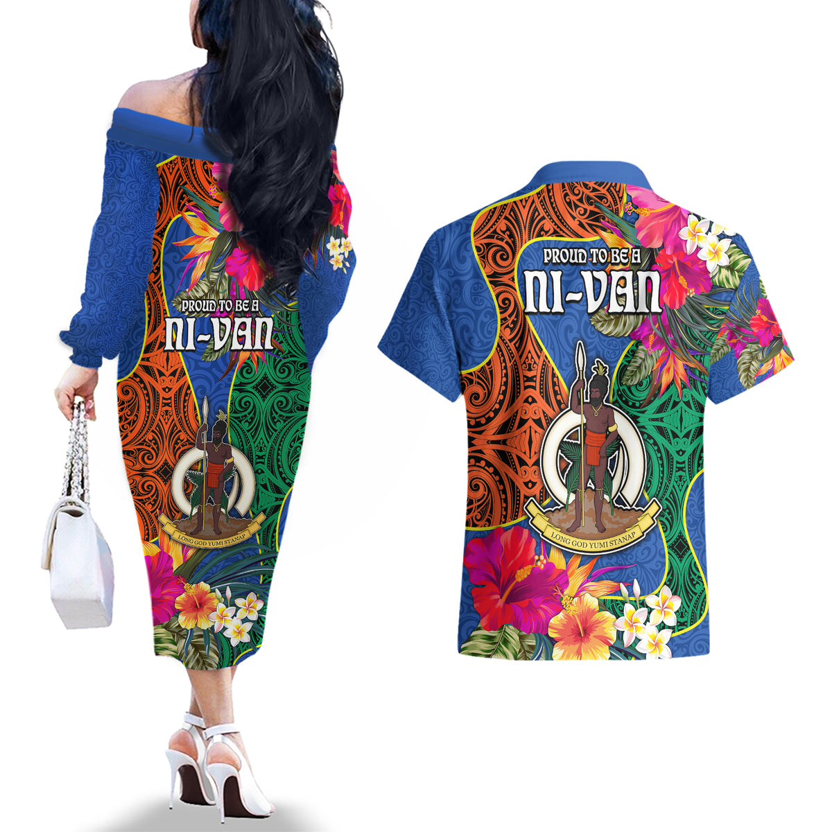 Tafea Day Couples Matching Off The Shoulder Long Sleeve Dress and Hawaiian Shirt Proud To Be A Ni-Van Beauty Pacific Flower LT03 - Polynesian Pride