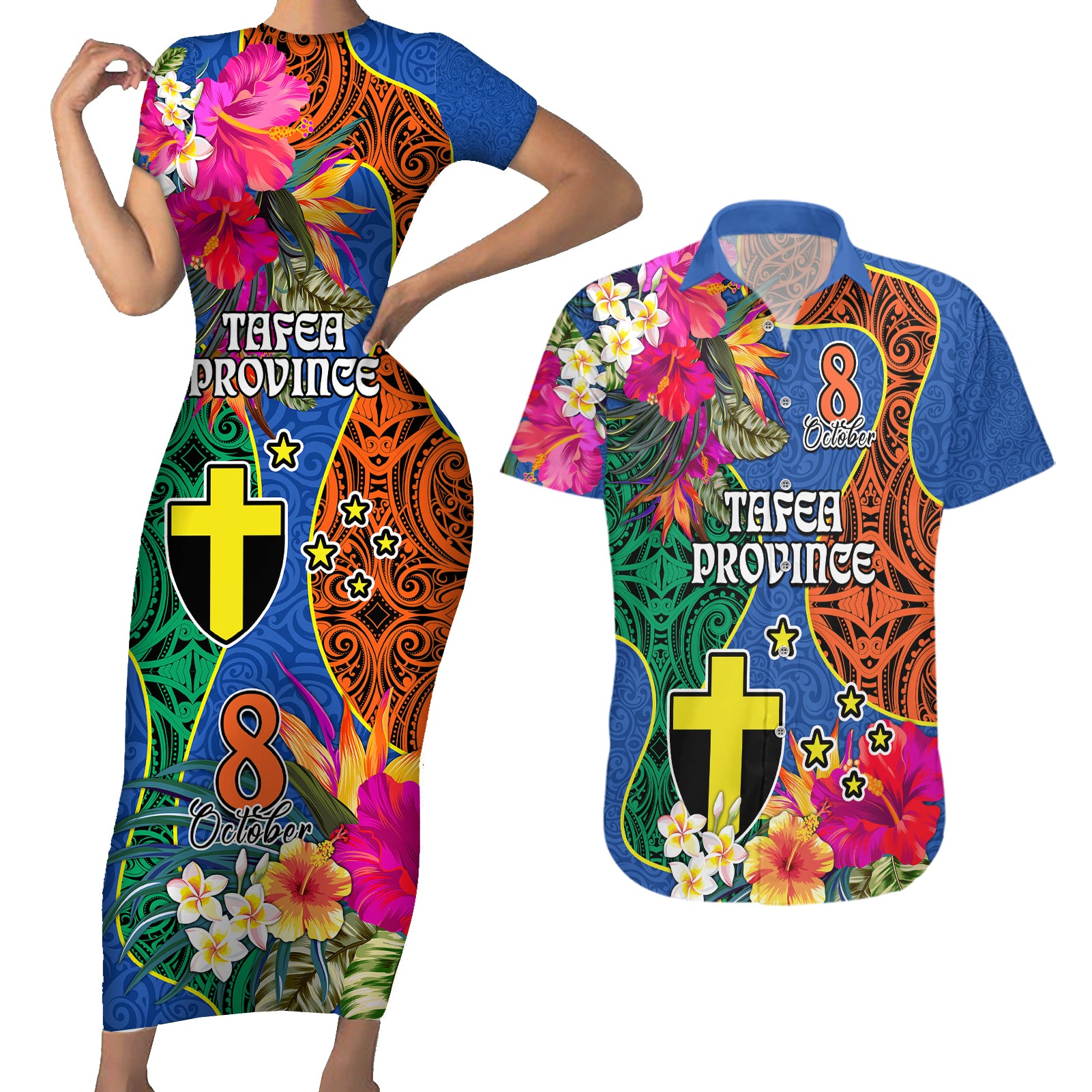 Tafea Day Couples Matching Short Sleeve Bodycon Dress and Hawaiian Shirt Proud To Be A Ni-Van Beauty Pacific Flower LT03 Blue - Polynesian Pride