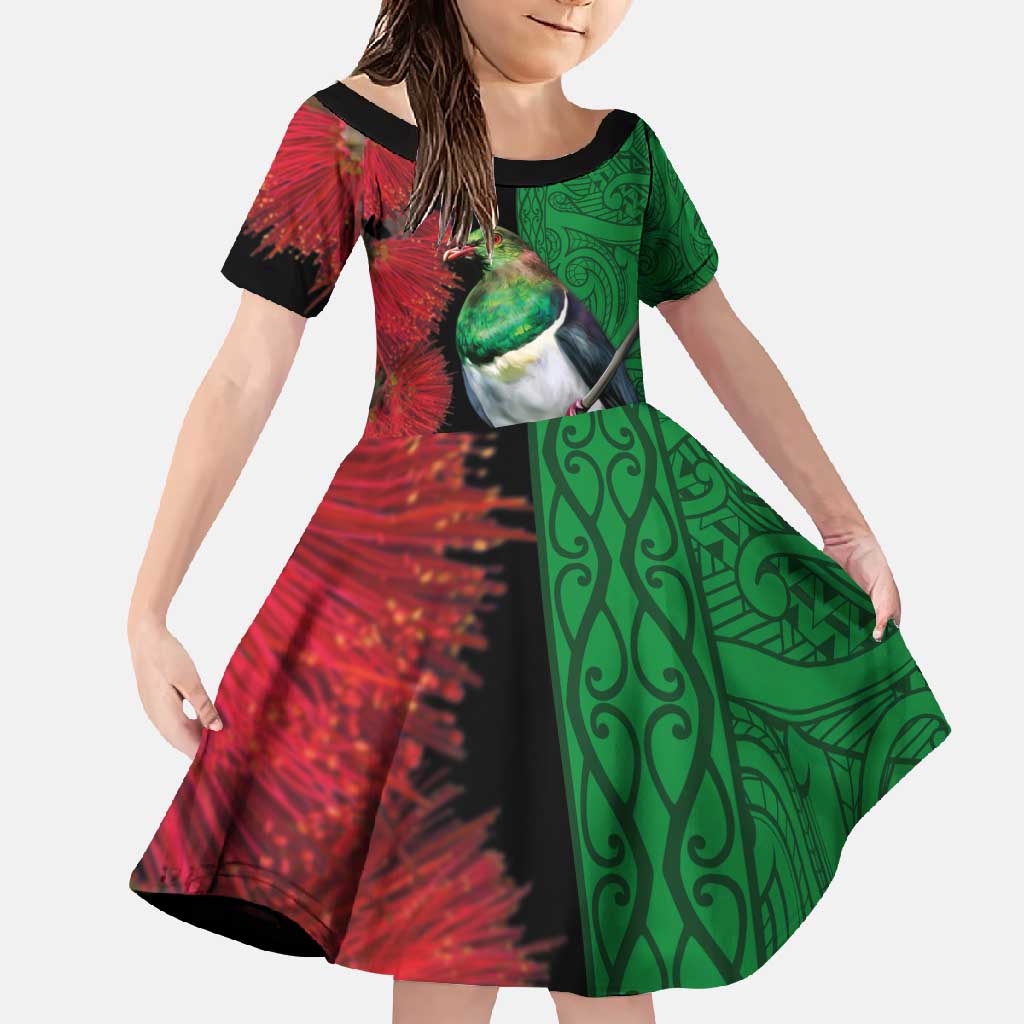 New Zealand Kereru And Pohutukawa Family Matching Short Sleeve Bodycon Dress and Hawaiian Shirt Maori Tribal Tattoo