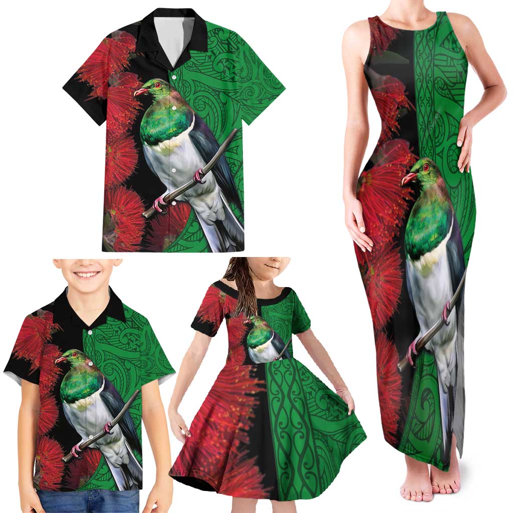 New Zealand Kereru And Pohutukawa Family Matching Tank Maxi Dress and Hawaiian Shirt Maori Tribal Tattoo LT03 - Polynesian Pride