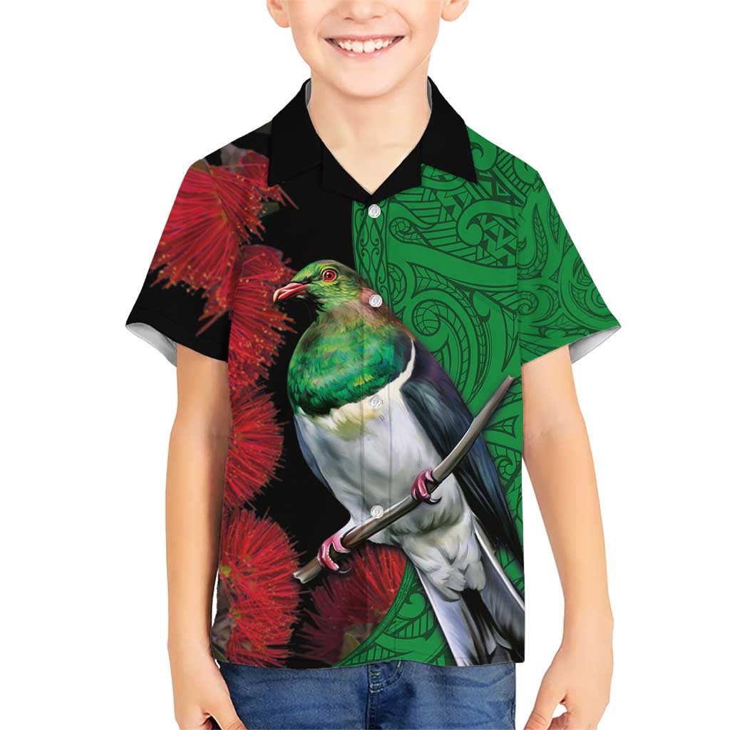 New Zealand Kereru And Pohutukawa Kid Hawaiian Shirt Maori Tribal Tattoo LT03 Kid Black - Polynesian Pride