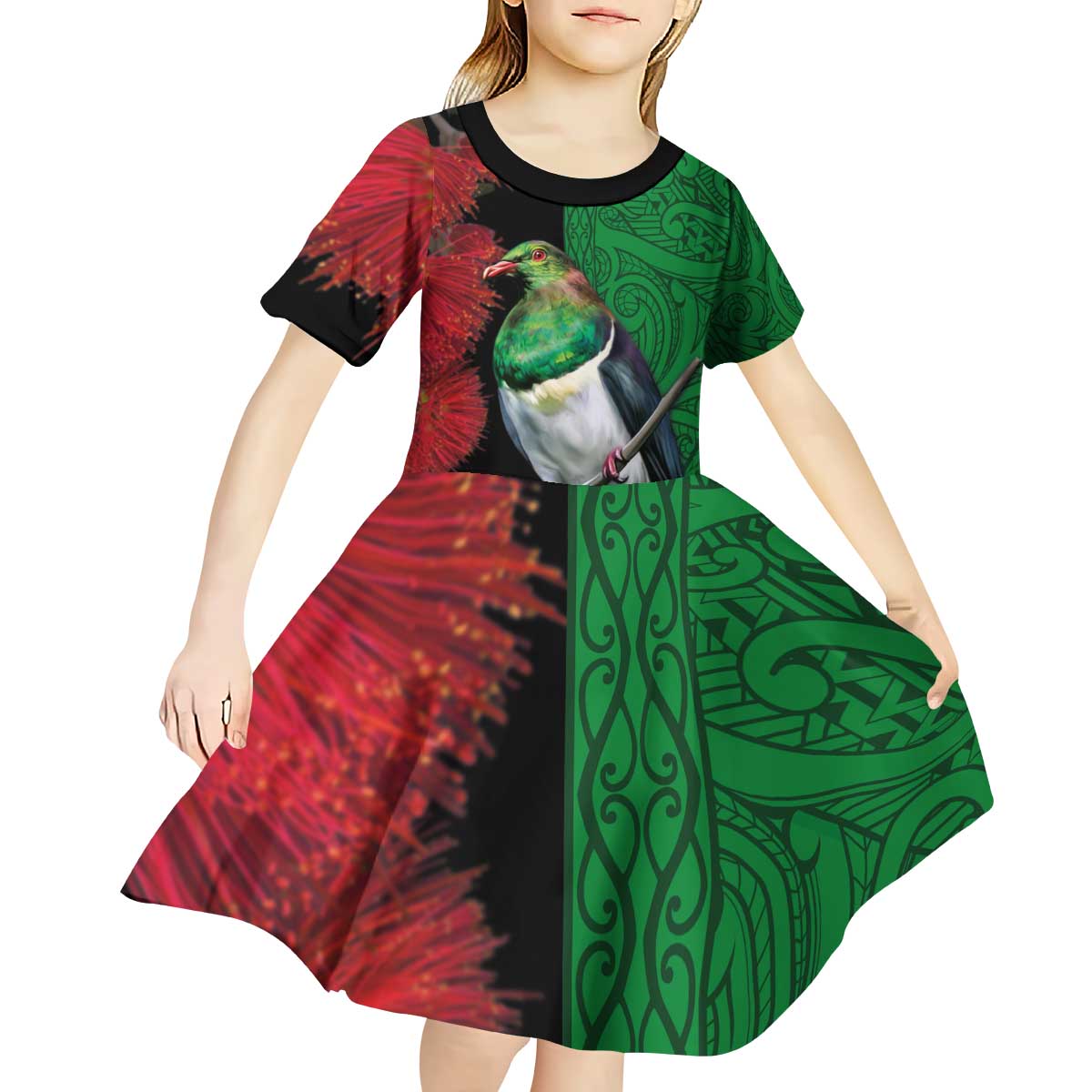 New Zealand Kereru And Pohutukawa Kid Short Sleeve Dress Maori Tribal Tattoo