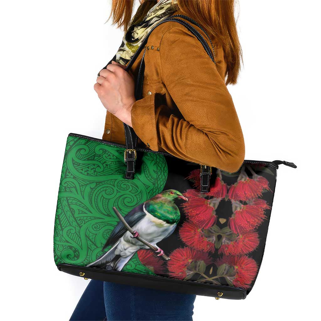 New Zealand Kereru And Pohutukawa Leather Tote Bag Maori Tribal Tattoo LT03 Black - Polynesian Pride