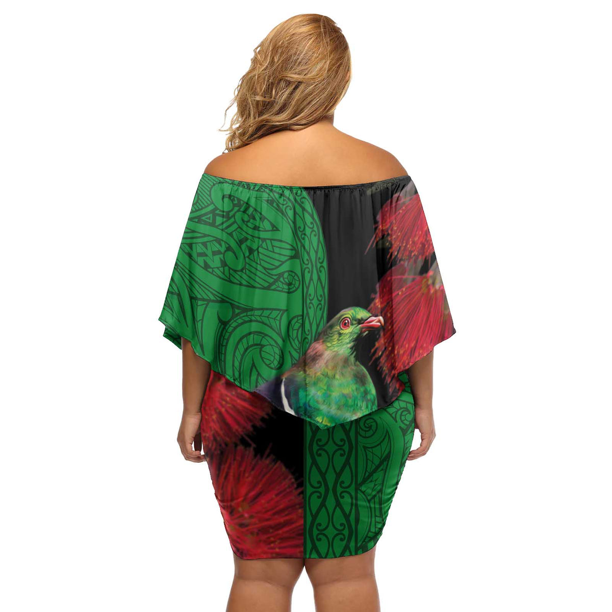 New Zealand Kereru And Pohutukawa Off Shoulder Short Dress Maori Tribal Tattoo
