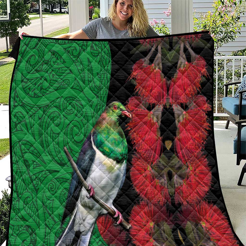 New Zealand Kereru And Pohutukawa Quilt Maori Tribal Tattoo LT03 Black - Polynesian Pride