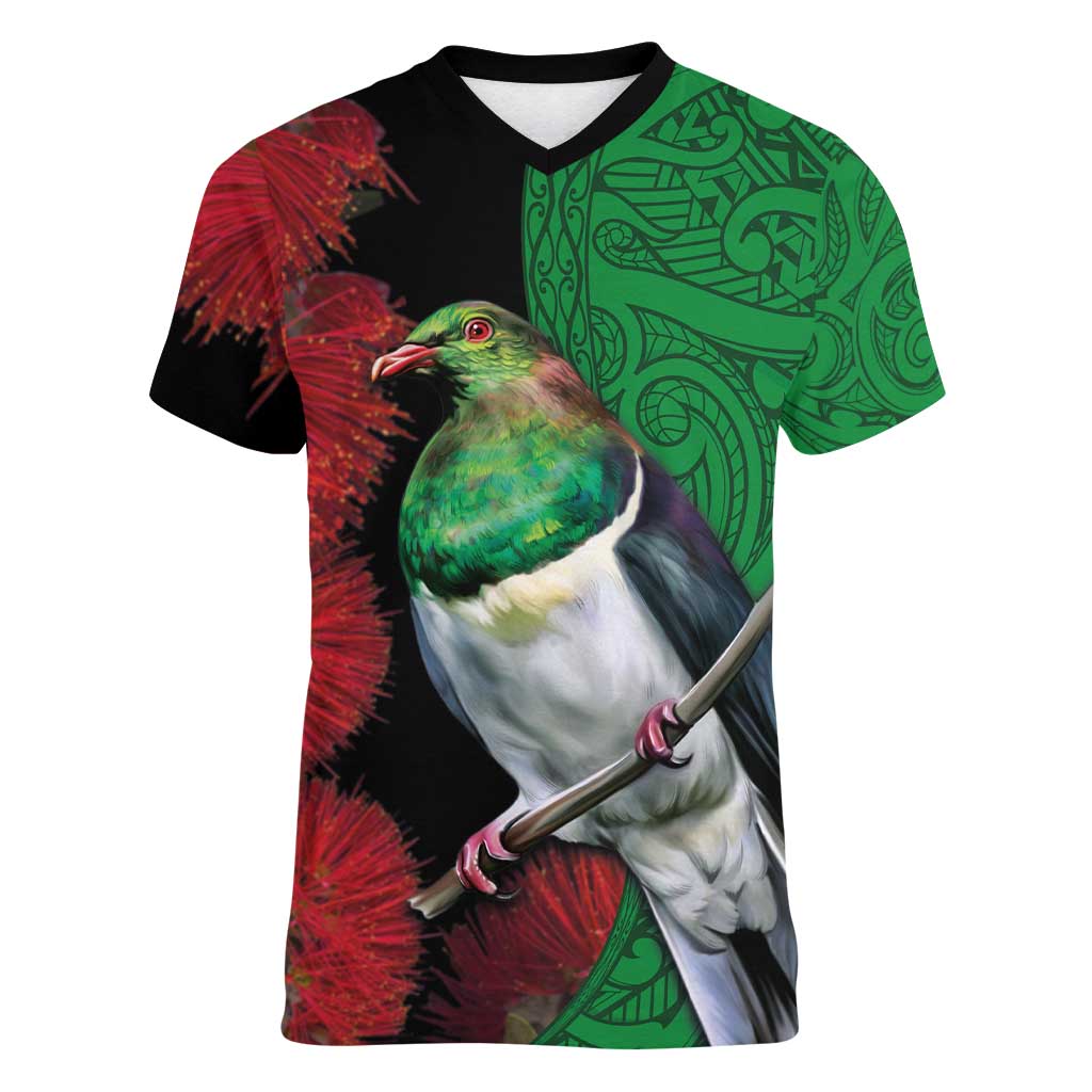 New Zealand Kereru And Pohutukawa Women V-Neck T-Shirt Maori Tribal Tattoo LT03 Female Black - Polynesian Pride