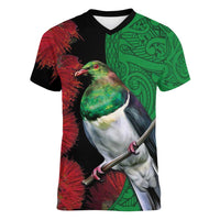 New Zealand Kereru And Pohutukawa Women V-Neck T-Shirt Maori Tribal Tattoo LT03 Female Black - Polynesian Pride