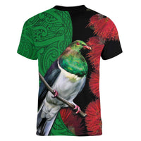 New Zealand Kereru And Pohutukawa Women V-Neck T-Shirt Maori Tribal Tattoo LT03 - Polynesian Pride