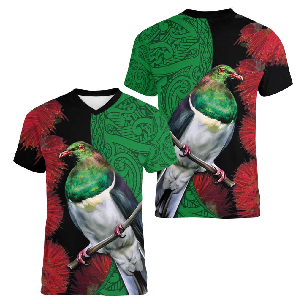 New Zealand Kereru And Pohutukawa Women V-Neck T-Shirt Maori Tribal Tattoo LT03 - Polynesian Pride