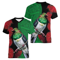 New Zealand Kereru And Pohutukawa Women V-Neck T-Shirt Maori Tribal Tattoo LT03 - Polynesian Pride