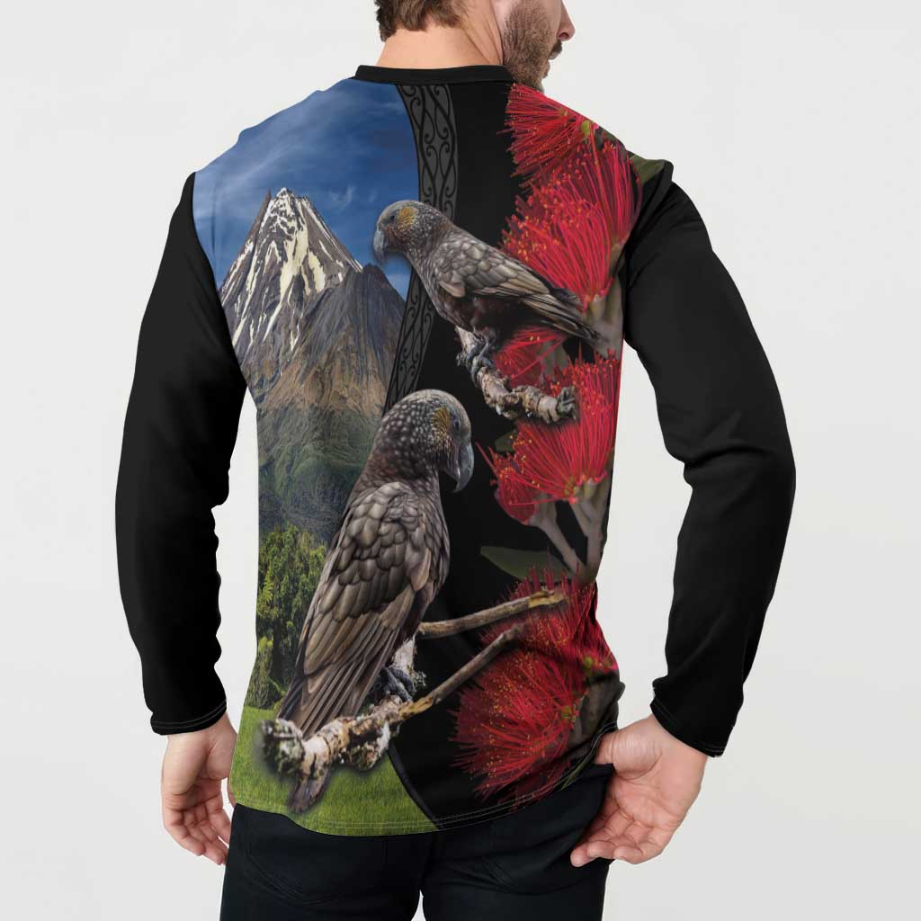 New Zealand Kea And Pohutukawa Button Sweatshirt With The Mountain Landscape