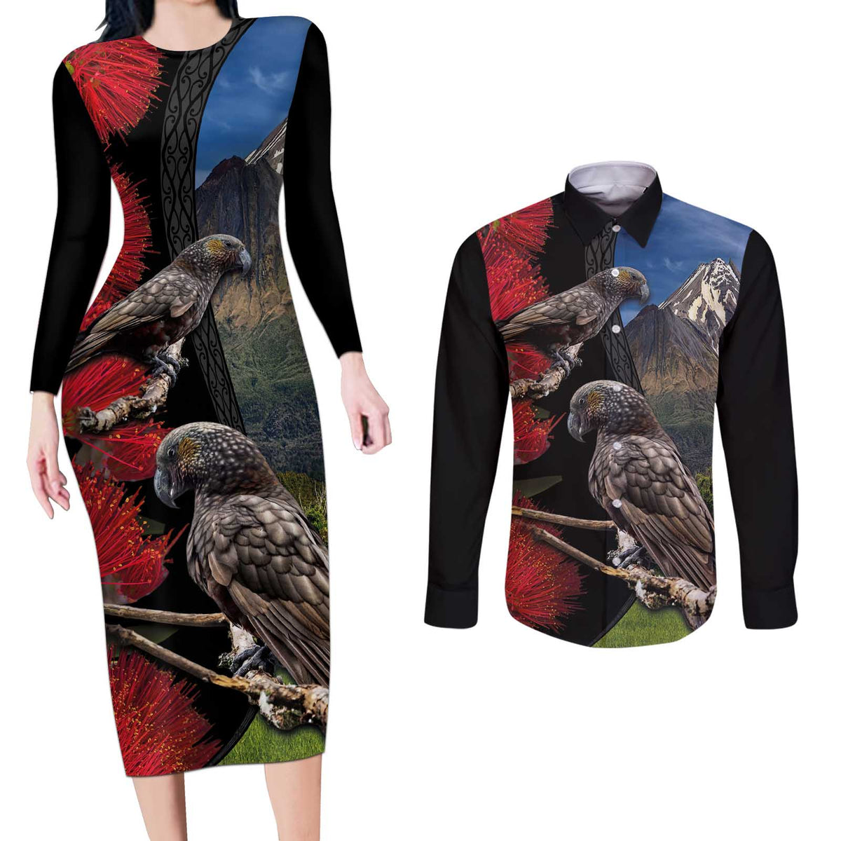 New Zealand Kea And Pohutukawa Couples Matching Long Sleeve Bodycon Dress and Long Sleeve Button Shirt With The Mountain Landscape