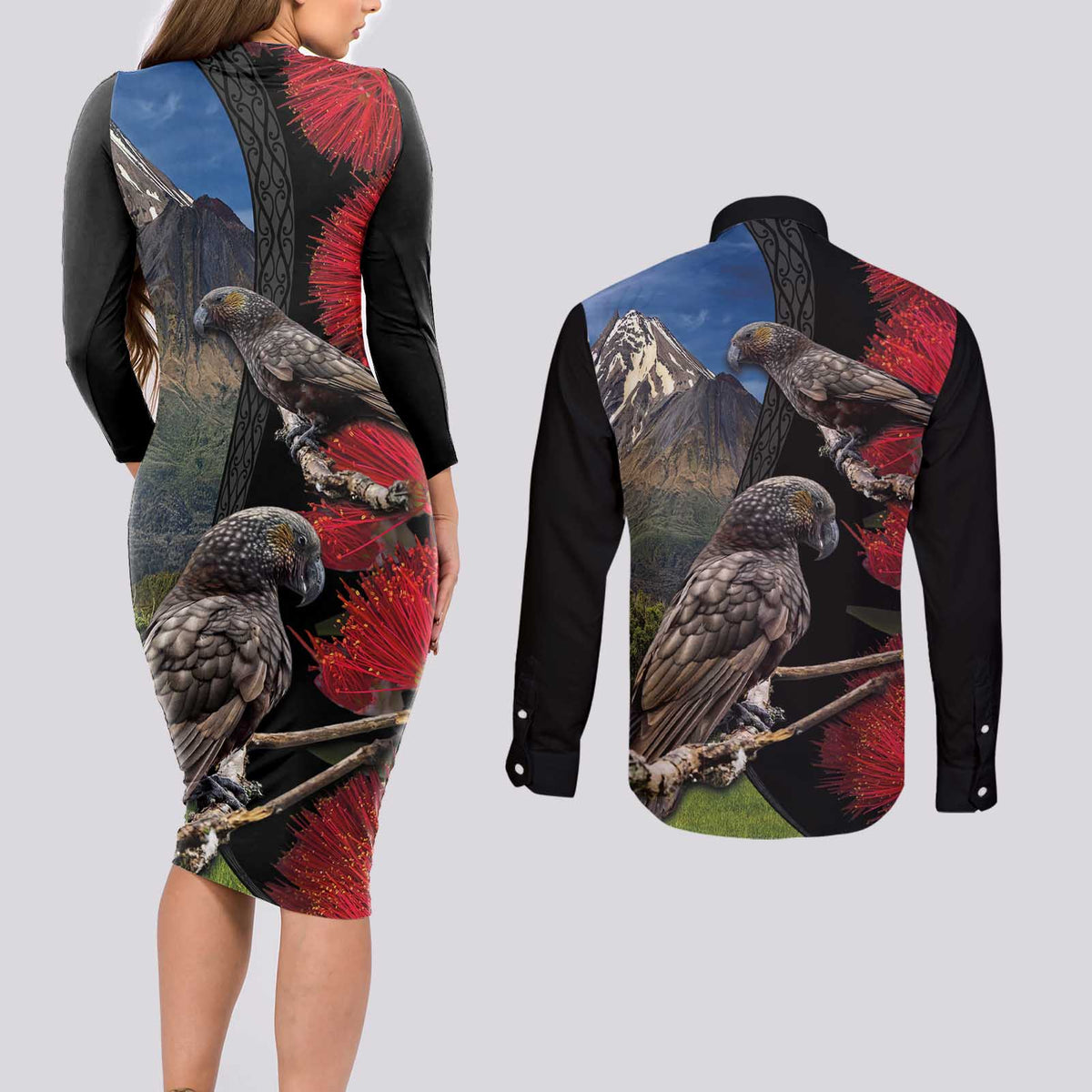 New Zealand Kea And Pohutukawa Couples Matching Long Sleeve Bodycon Dress and Long Sleeve Button Shirt With The Mountain Landscape