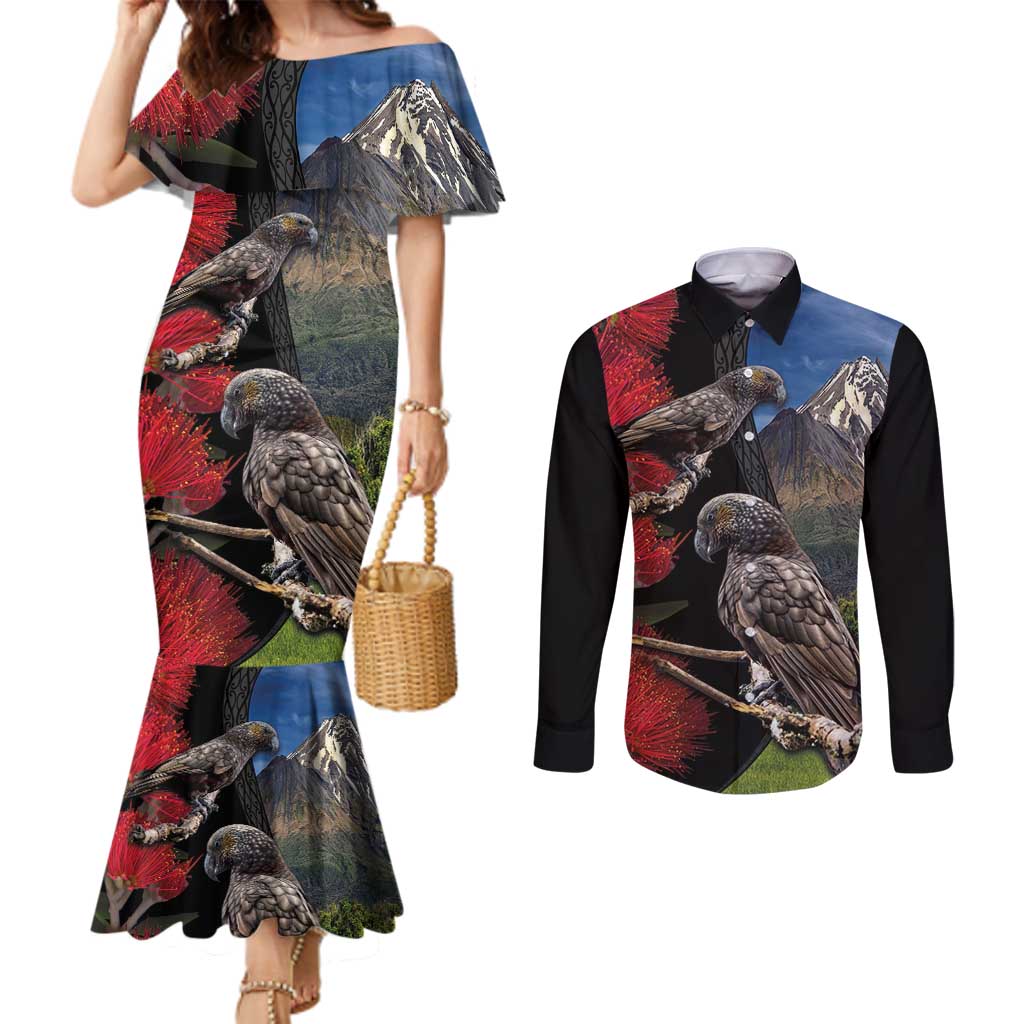 New Zealand Kea And Pohutukawa Couples Matching Mermaid Dress and Long Sleeve Button Shirt With The Mountain Landscape