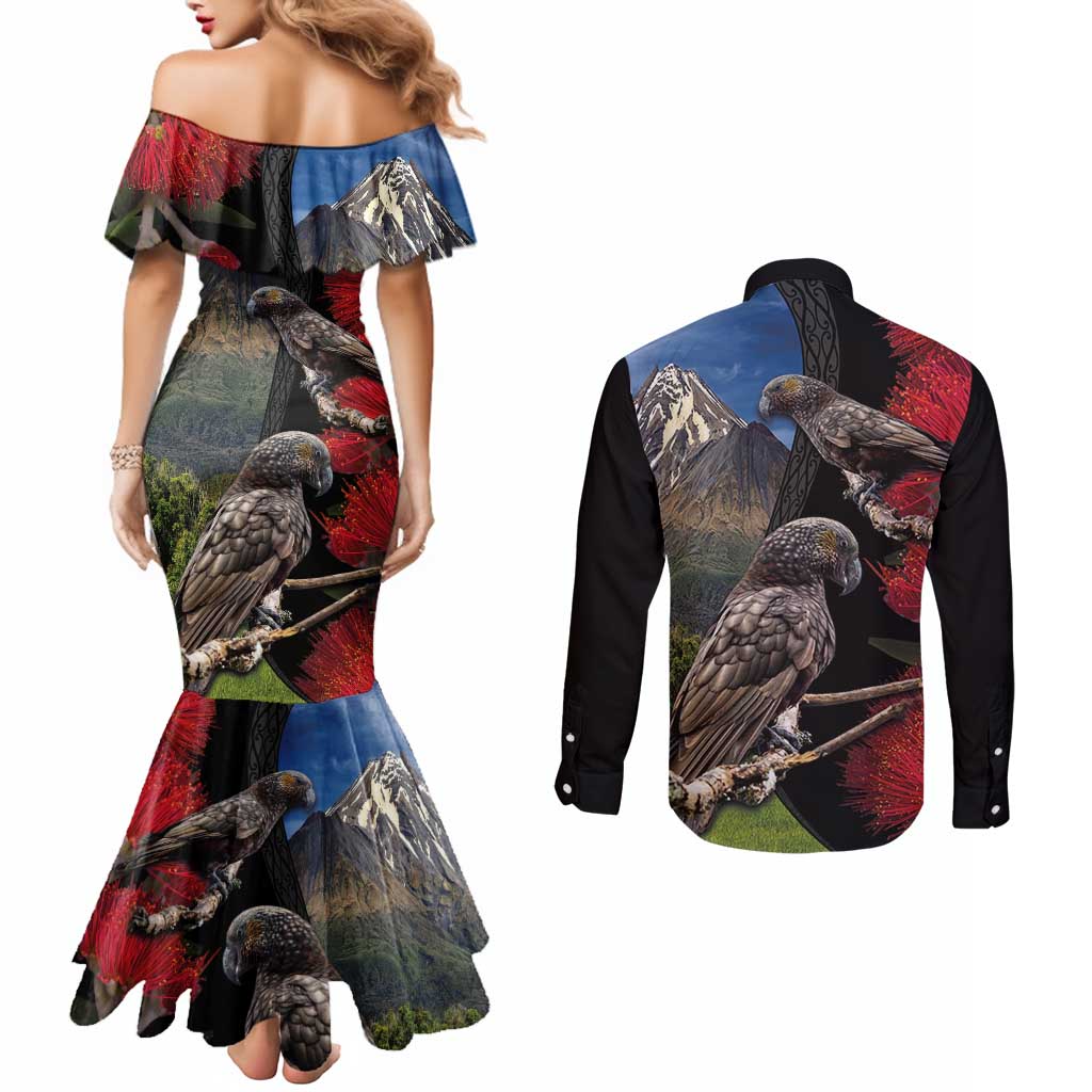 New Zealand Kea And Pohutukawa Couples Matching Mermaid Dress and Long Sleeve Button Shirt With The Mountain Landscape
