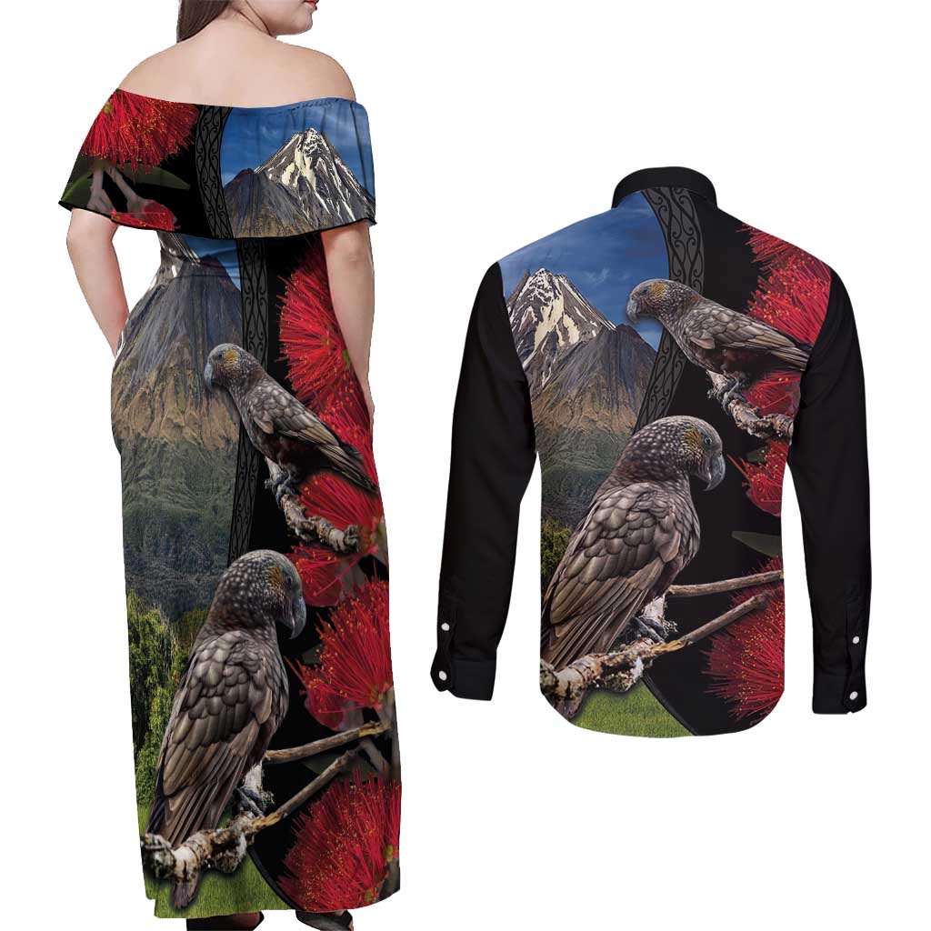 New Zealand Kea And Pohutukawa Couples Matching Off Shoulder Maxi Dress and Long Sleeve Button Shirt With The Mountain Landscape