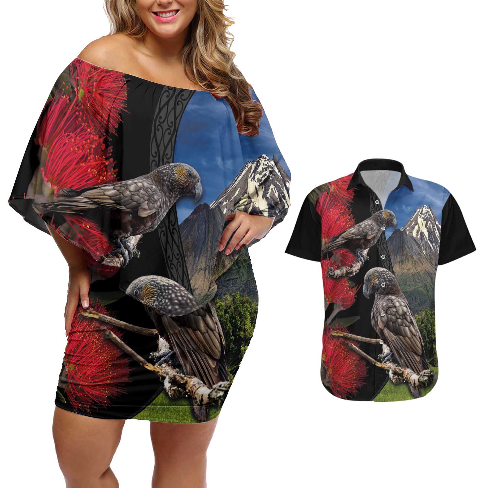 New Zealand Kea And Pohutukawa Couples Matching Off Shoulder Short Dress and Hawaiian Shirt With The Mountain Landscape