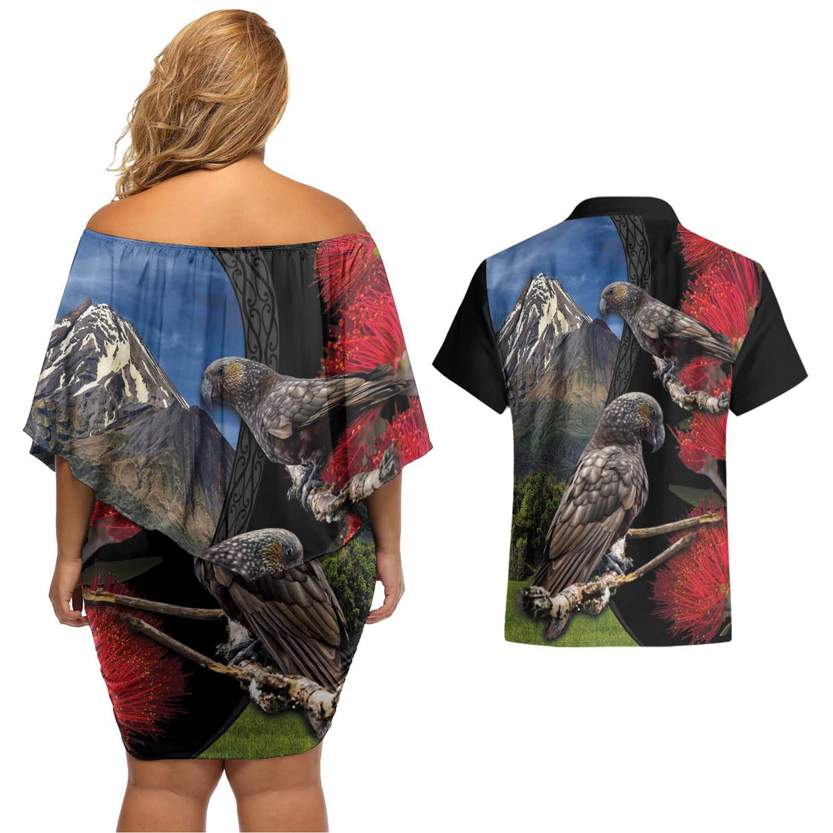 New Zealand Kea And Pohutukawa Couples Matching Off Shoulder Short Dress and Hawaiian Shirt With The Mountain Landscape