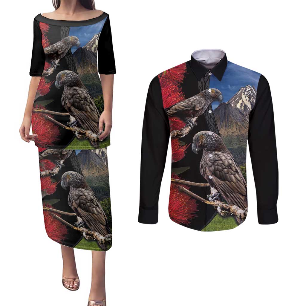 New Zealand Kea And Pohutukawa Couples Matching Puletasi and Long Sleeve Button Shirt With The Mountain Landscape