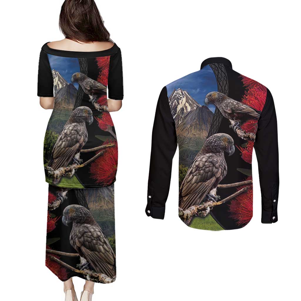 New Zealand Kea And Pohutukawa Couples Matching Puletasi and Long Sleeve Button Shirt With The Mountain Landscape