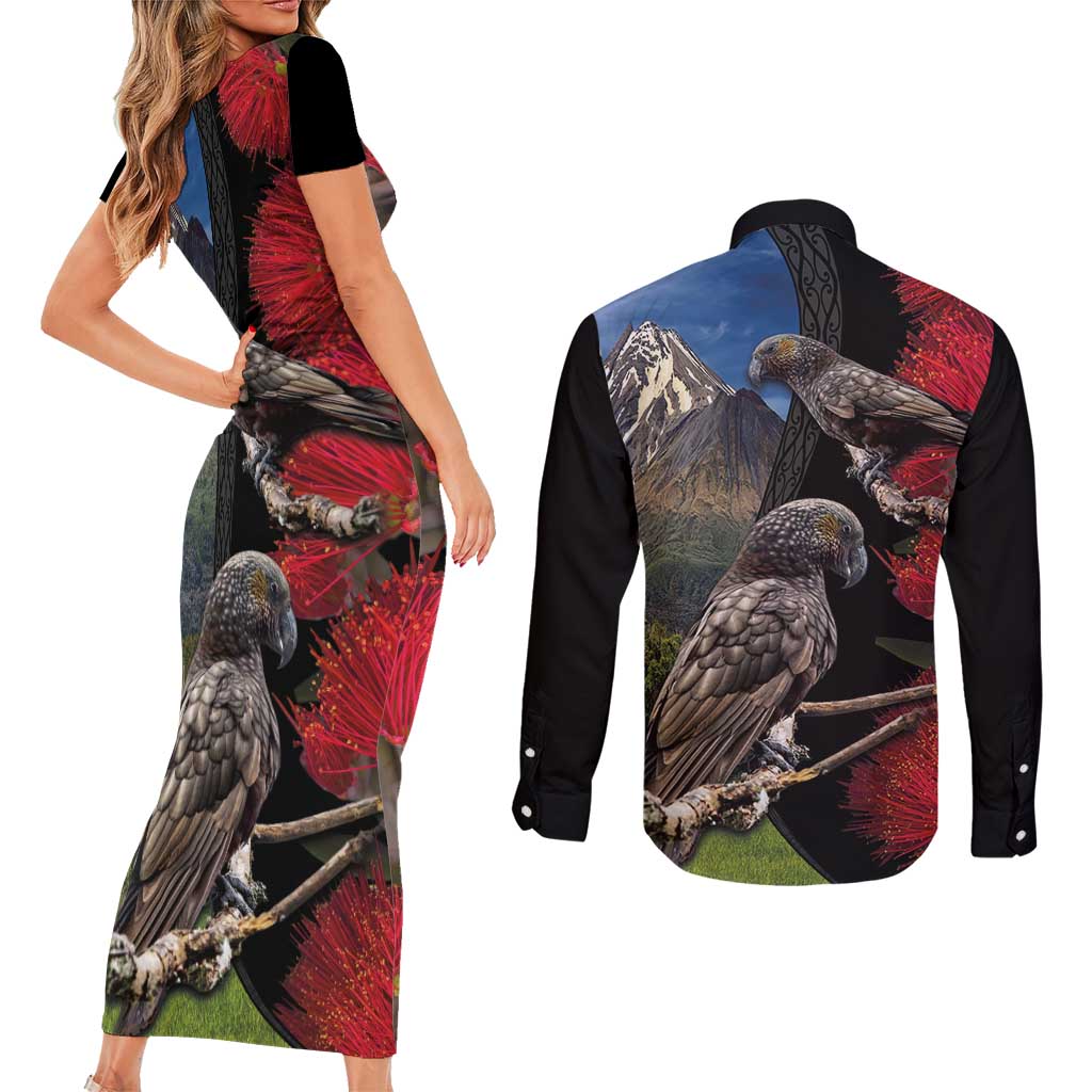 New Zealand Kea And Pohutukawa Couples Matching Short Sleeve Bodycon Dress and Long Sleeve Button Shirt With The Mountain Landscape