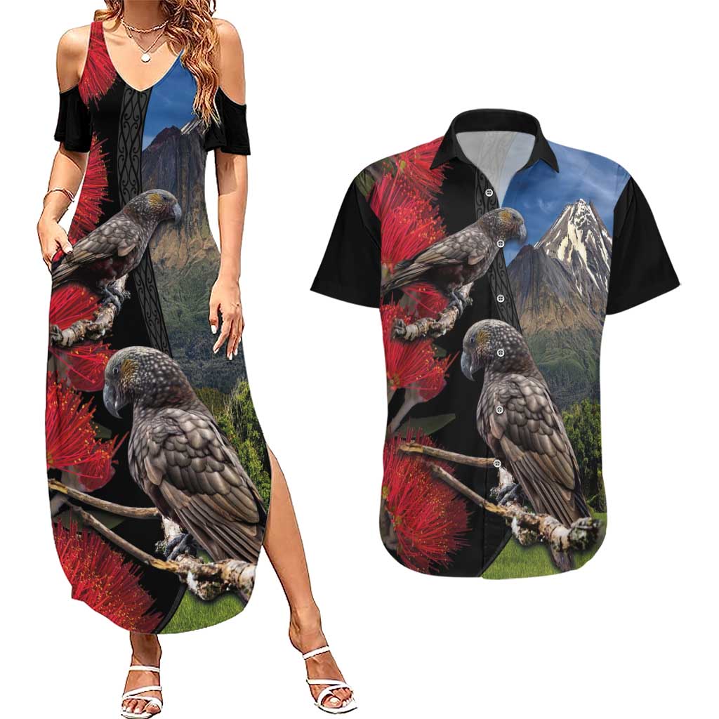 New Zealand Kea And Pohutukawa Couples Matching Summer Maxi Dress and Hawaiian Shirt With The Mountain Landscape