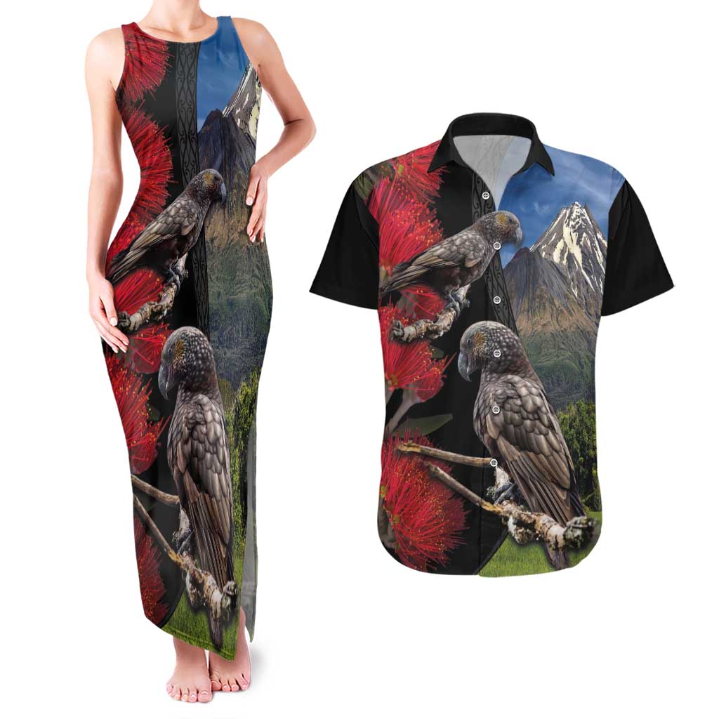 New Zealand Kea And Pohutukawa Couples Matching Tank Maxi Dress and Hawaiian Shirt With The Mountain Landscape