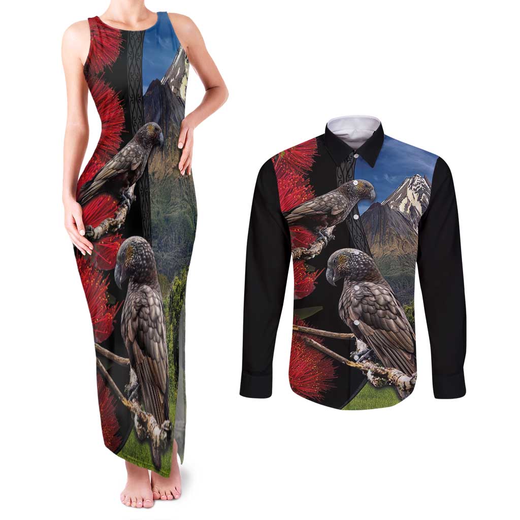 New Zealand Kea And Pohutukawa Couples Matching Tank Maxi Dress and Long Sleeve Button Shirt With The Mountain Landscape