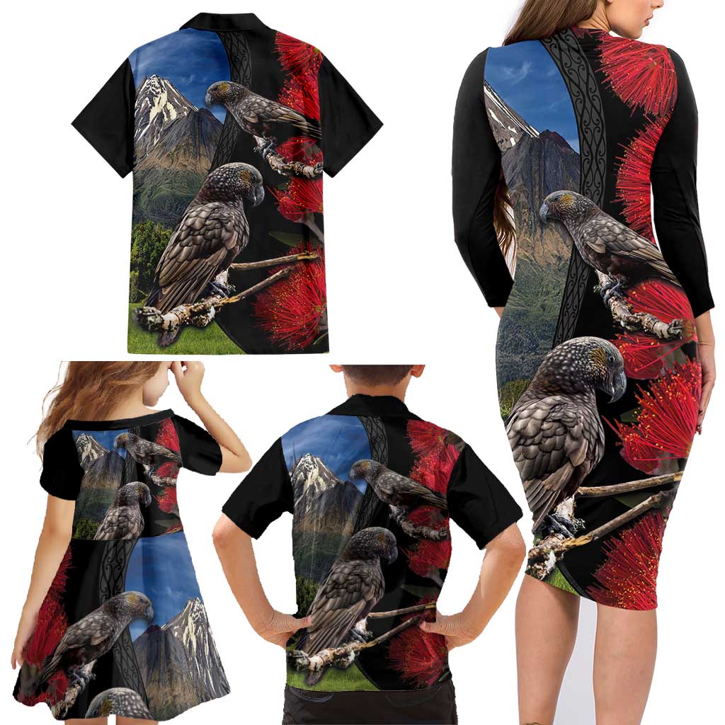 New Zealand Kea And Pohutukawa Family Matching Long Sleeve Bodycon Dress and Hawaiian Shirt With The Mountain Landscape