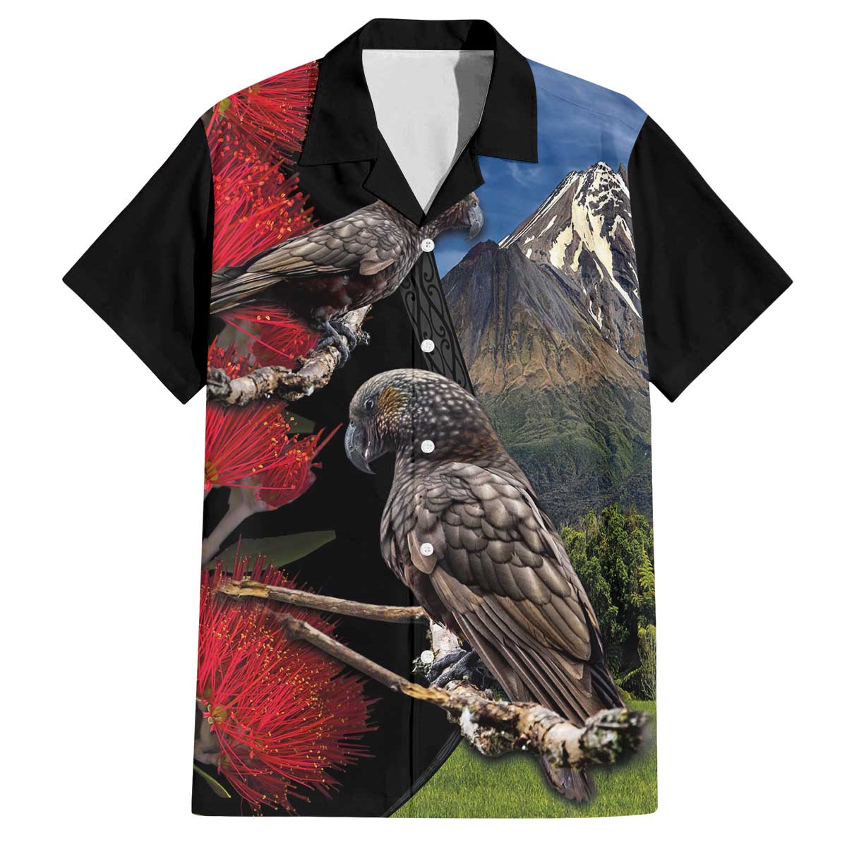 New Zealand Kea And Pohutukawa Family Matching Off Shoulder Short Dress and Hawaiian Shirt With The Mountain Landscape