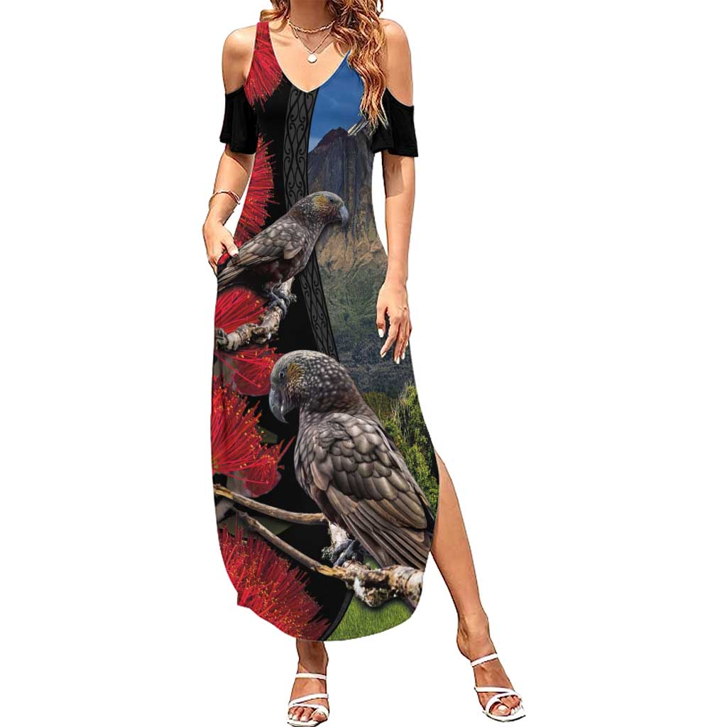 New Zealand Kea And Pohutukawa Family Matching Summer Maxi Dress and Hawaiian Shirt With The Mountain Landscape
