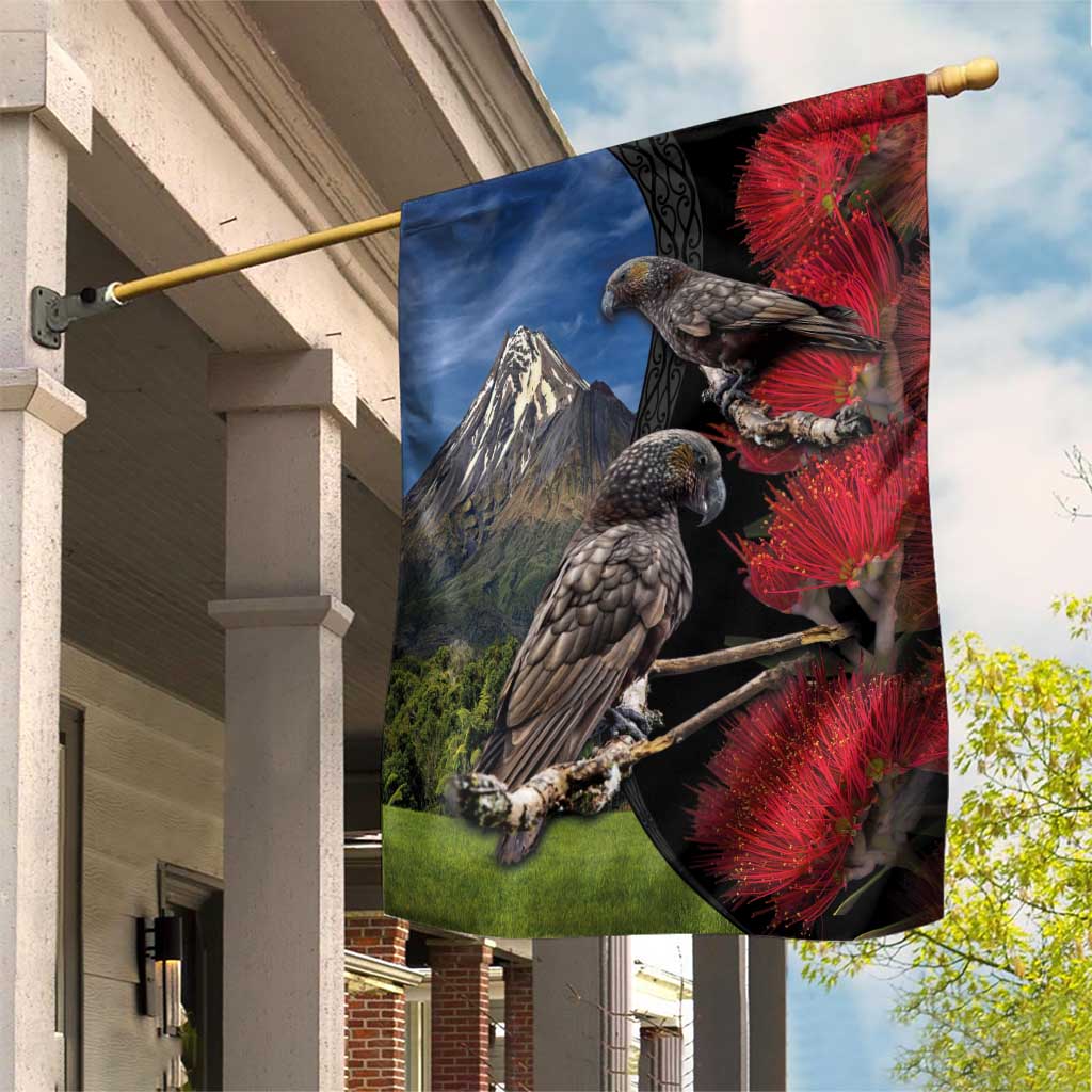 New Zealand Kea And Pohutukawa Garden Flag With The Mountain Landscape LT03 House Flag Black - Polynesian Pride