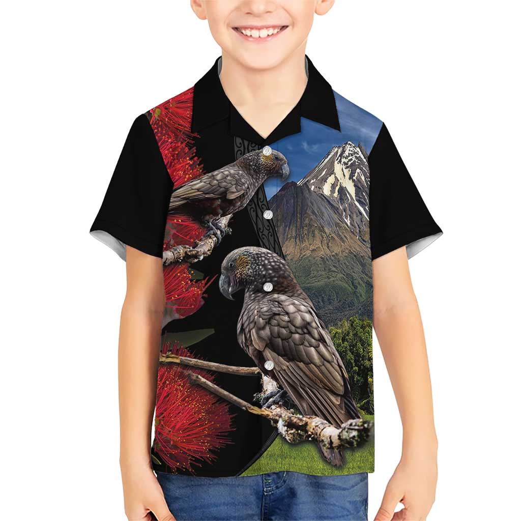 New Zealand Kea And Pohutukawa Kid Hawaiian Shirt With The Mountain Landscape LT03 Kid Black - Polynesian Pride