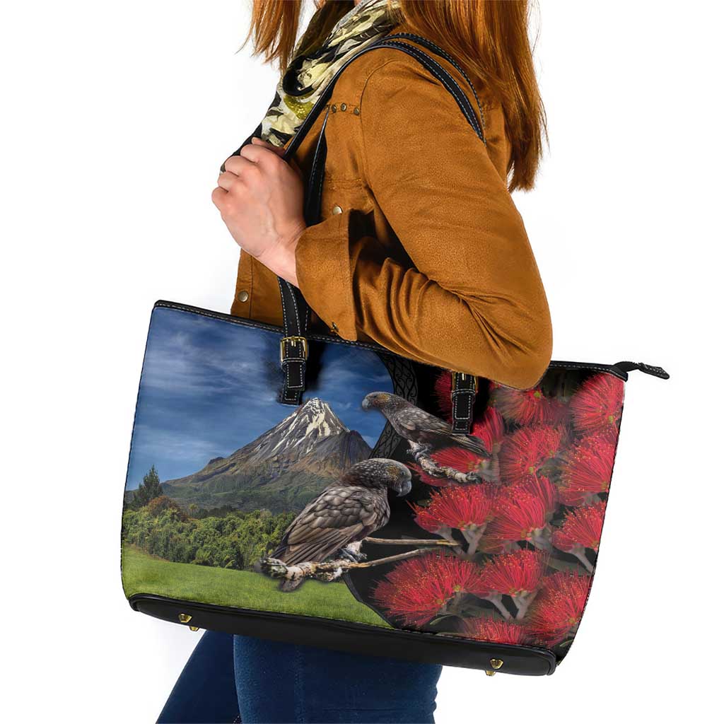 New Zealand Kea And Pohutukawa Leather Tote Bag With The Mountain Landscape LT03 Black - Polynesian Pride