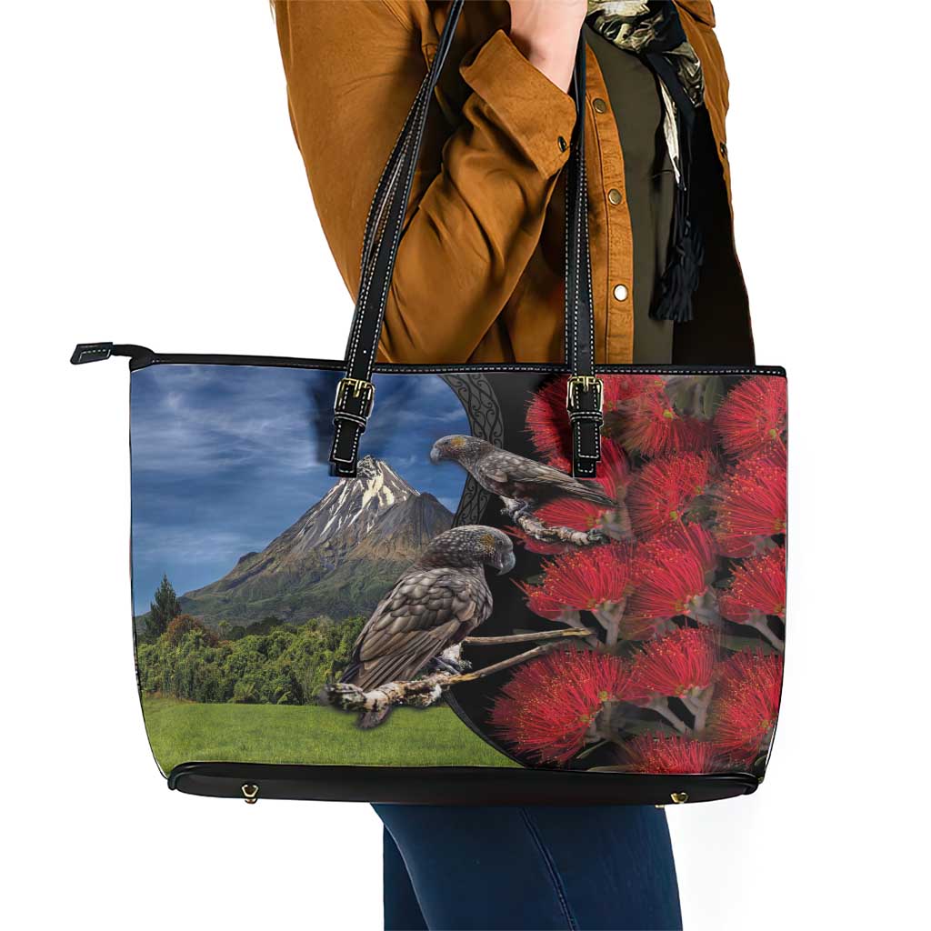 New Zealand Kea And Pohutukawa Leather Tote Bag With The Mountain Landscape LT03 - Polynesian Pride