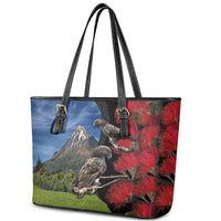 New Zealand Kea And Pohutukawa Leather Tote Bag With The Mountain Landscape LT03 - Polynesian Pride