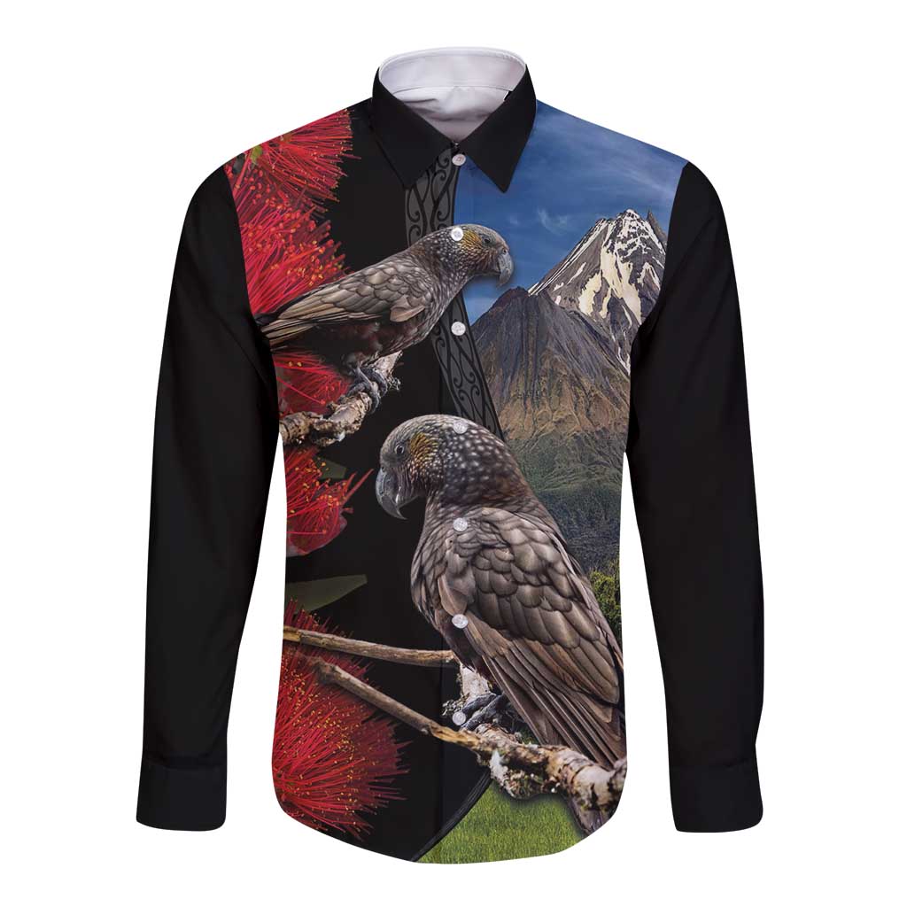 New Zealand Kea And Pohutukawa Long Sleeve Button Shirt With The Mountain Landscape LT03 Unisex Black - Polynesian Pride