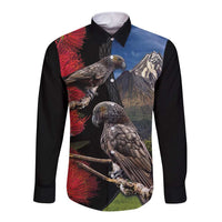 New Zealand Kea And Pohutukawa Long Sleeve Button Shirt With The Mountain Landscape LT03 Unisex Black - Polynesian Pride