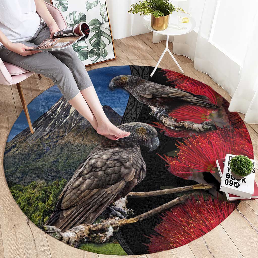 New Zealand Kea And Pohutukawa Round Carpet With The Mountain Landscape