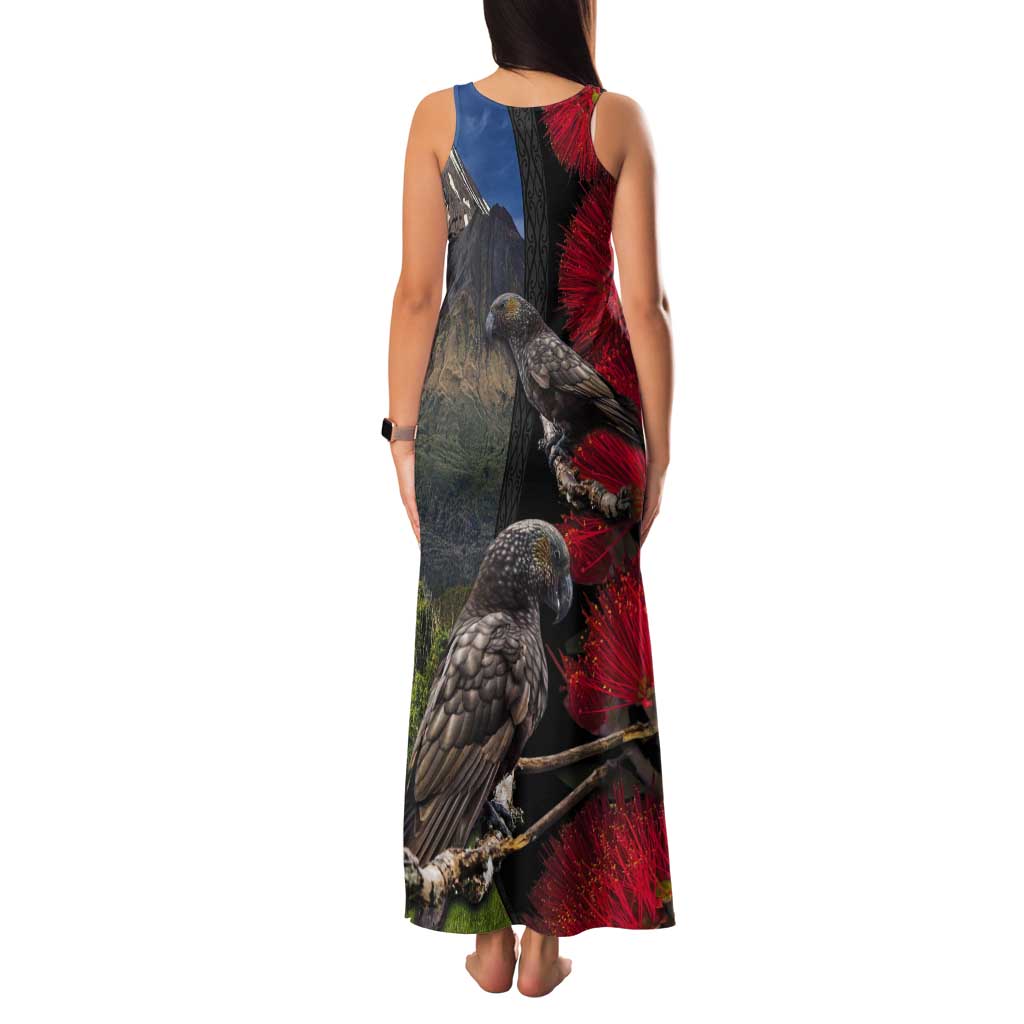 New Zealand Kea And Pohutukawa Tank Maxi Dress With The Mountain Landscape