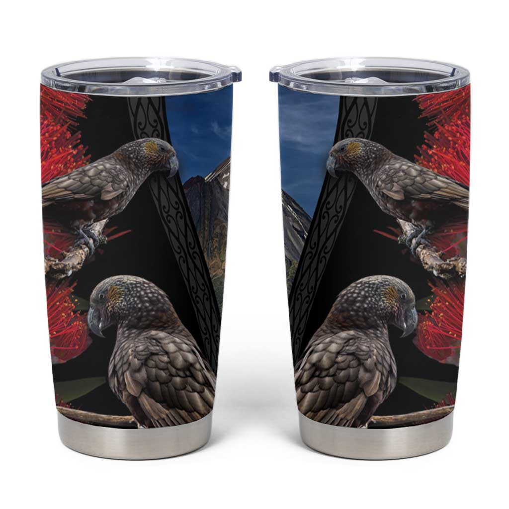 New Zealand Kea And Pohutukawa Tumbler Cup With The Mountain Landscape LT03 Black - Polynesian Pride