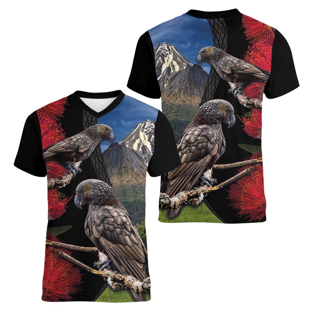New Zealand Kea And Pohutukawa Women V-Neck T-Shirt With The Mountain Landscape LT03 - Polynesian Pride