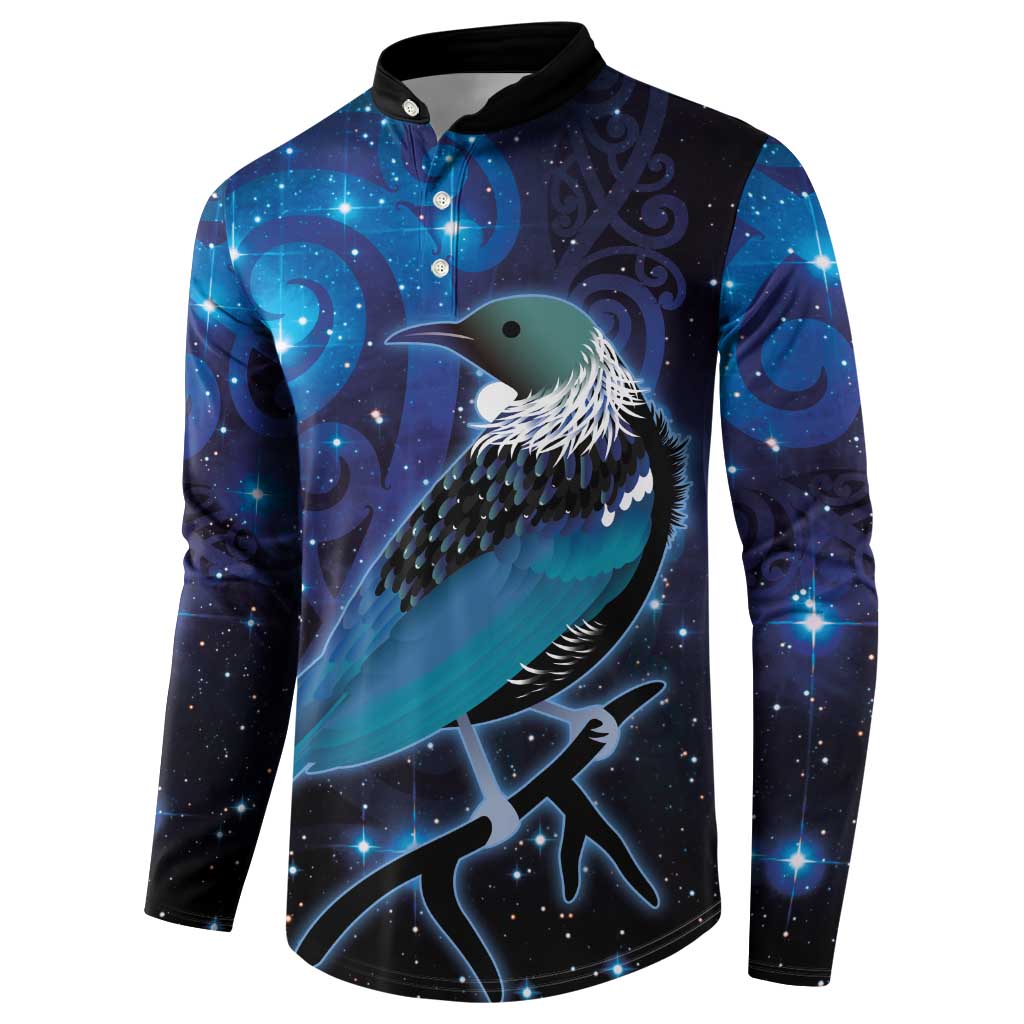 New Zealand Tui Bird Button Sweatshirt The Pleiades Star Cluster and Koru Tribal Tattoo Galaxy Vibe LT03 - Polynesian Pride