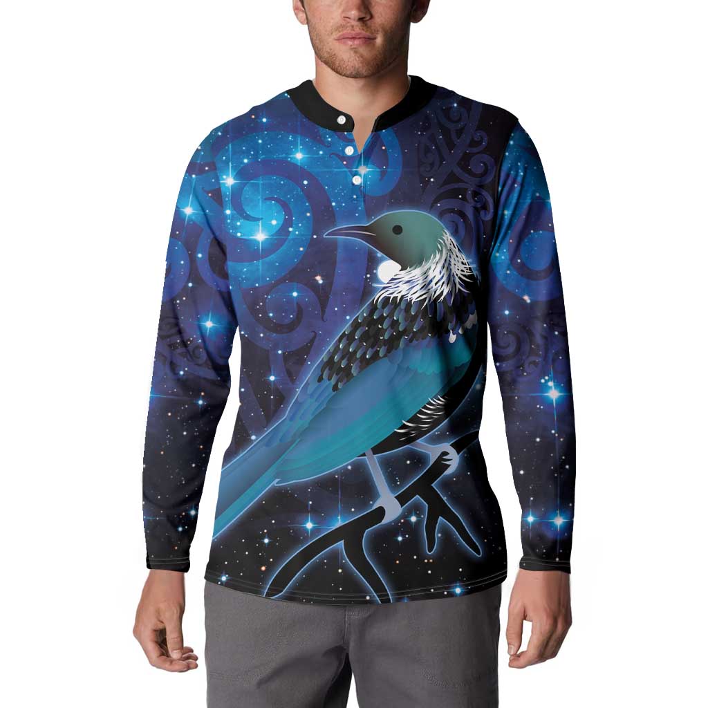 New Zealand Tui Bird Button Sweatshirt The Pleiades Star Cluster and Koru Tribal Tattoo Galaxy Vibe LT03 - Polynesian Pride