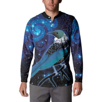 New Zealand Tui Bird Button Sweatshirt The Pleiades Star Cluster and Koru Tribal Tattoo Galaxy Vibe LT03 - Polynesian Pride