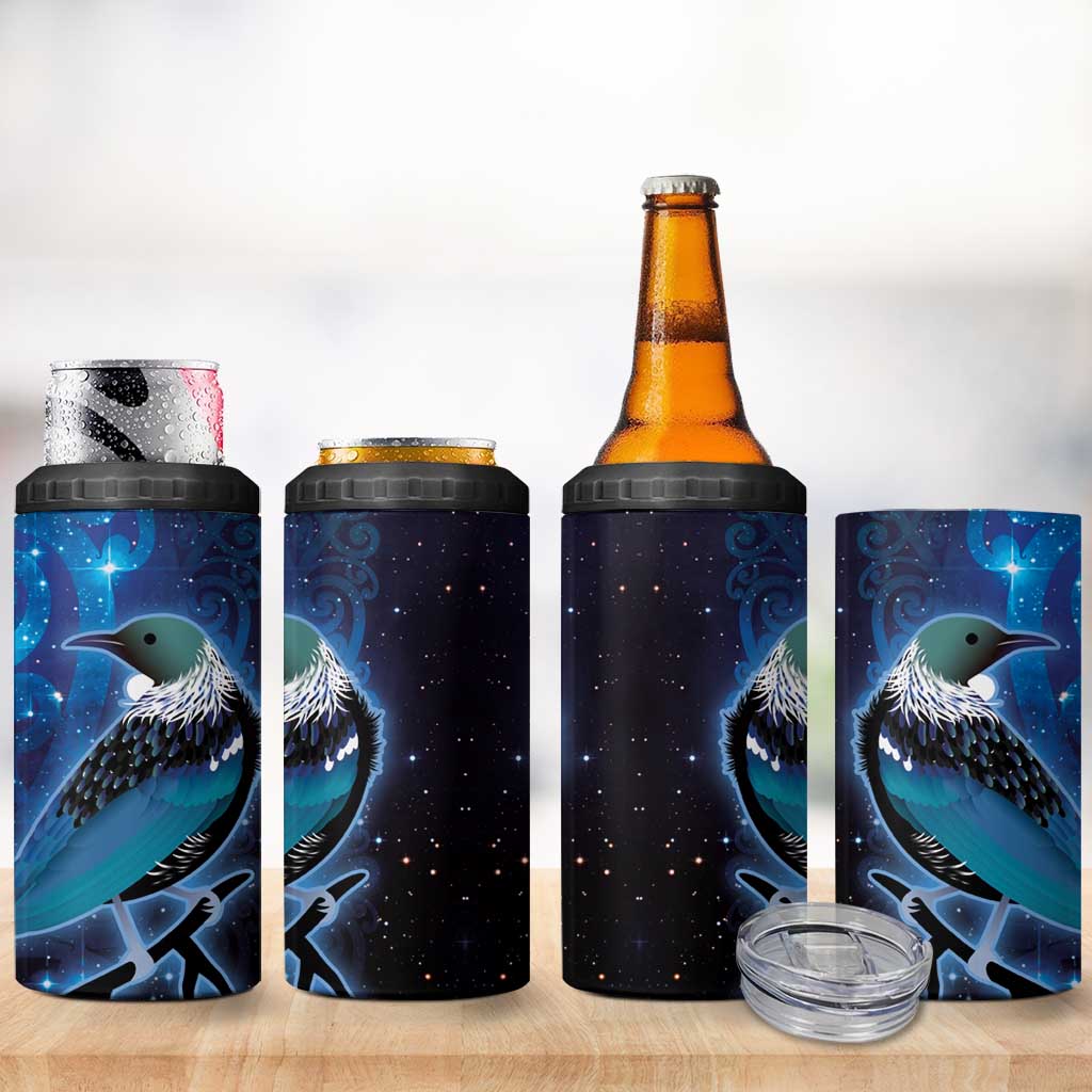 New Zealand Tui Bird 4 in 1 Can Cooler Tumbler The Pleiades Star Cluster and Koru Tribal Tattoo Galaxy Vibe