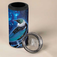 New Zealand Tui Bird 4 in 1 Can Cooler Tumbler The Pleiades Star Cluster and Koru Tribal Tattoo Galaxy Vibe