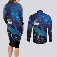 New Zealand Tui Bird Couples Matching Long Sleeve Bodycon Dress and Long Sleeve Button Shirt The Pleiades Star Cluster and Koru Tribal Tattoo Galaxy Vibe